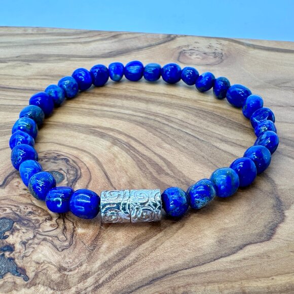 Sterling Silver Lapis Lazuli Beaded Bracelet – Magnetic Clasp – 6.5" - Picture 1 of 6